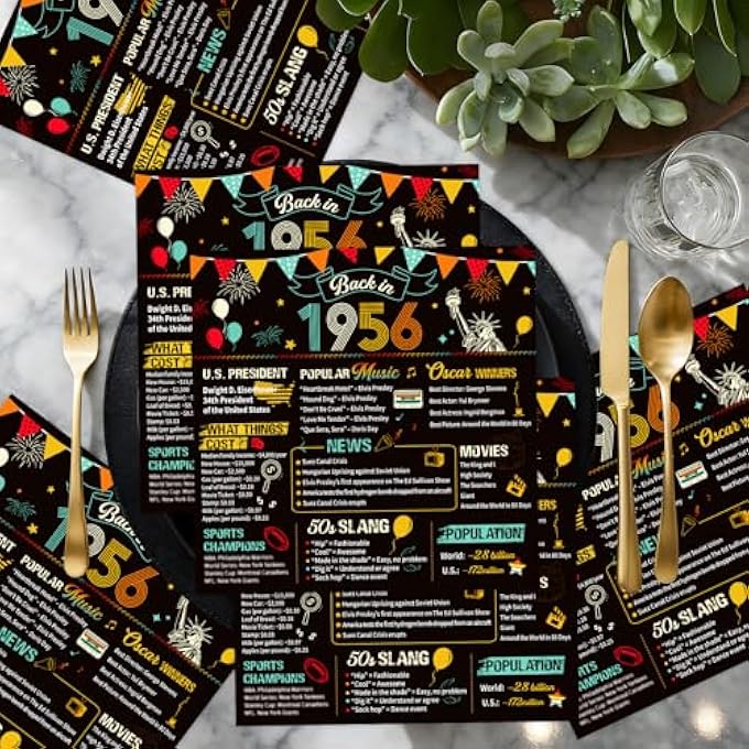PACK OF 50 NAPKINS 70TH BIRTHDAY MAN WOMAN DECORATION 70TH BIRTHDAY NAPKINS BLACK GOLD FOR MEN AND WOMEN, 1956 PAPER HANDKERCHIEFS HANDKERCHIEFS PARTY DECORATION - Image 3